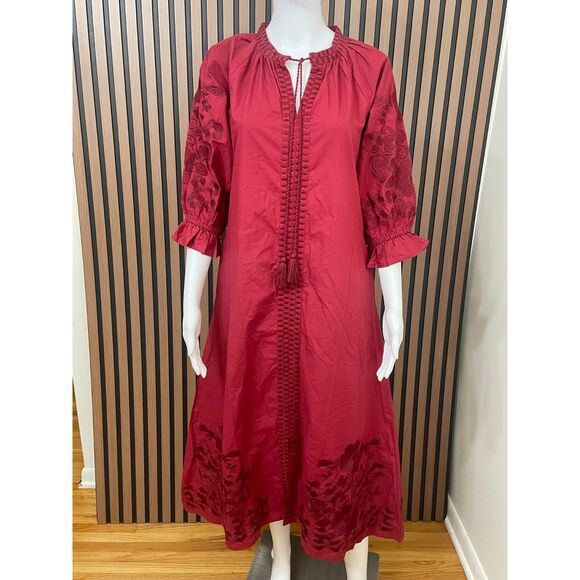 Julia Amory Women's Dress Midi Cotton Embroidered Long Puff Sleeve S Red Floral - Picture 1 of 9
